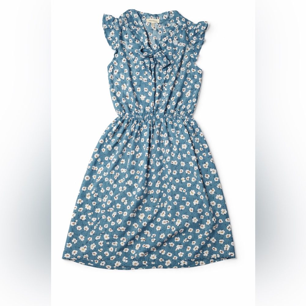 Monteau Floral Dress Teal Tie Neck Ruffle Sleeve Women's Medium